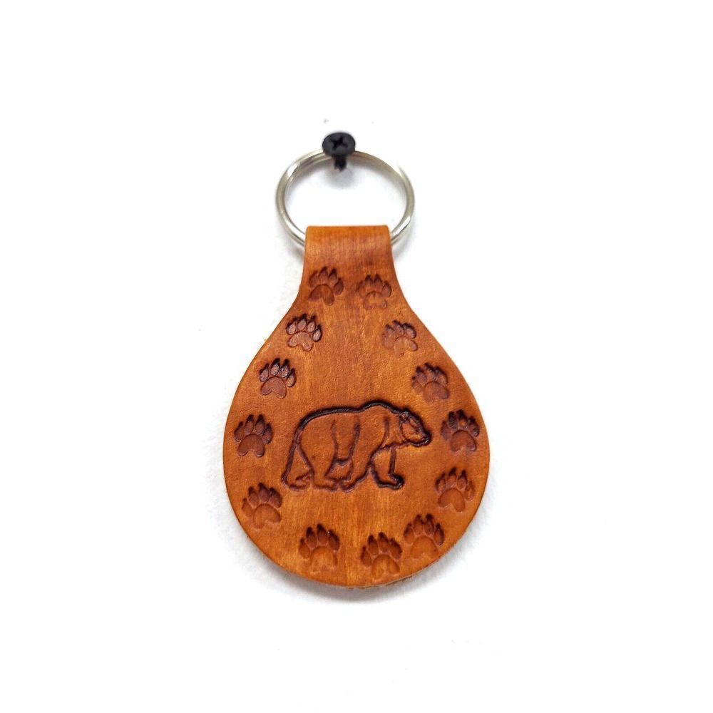 Genuine Leather Keychain Ring Fob Bear Tracks Animals Hand Made Tooled Gift New